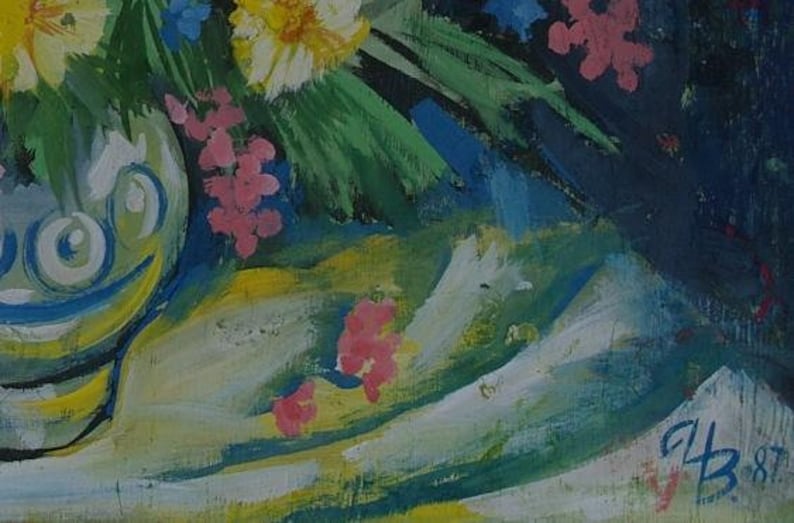 Still-life with flowers Antique oil painting original Soviet art Ukrainian artist 65-97