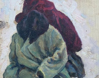 Paesaggio rurale Impressionismo Dipinto ad olio antico originale Arte sovietica Artista ucraino Sokolovsky G. 22-18 Anni '70