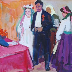 Soviética, a família de férias coletivas fazenda Antiga da pintura a óleo original realismo Socialista Soviético arte ucraniana artista