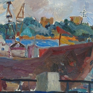 Industrial Paisagem Antiga da pintura a óleo original realismo Socialista Soviético arte ucraniana artista Balykov Yu. 34-50 de 1970