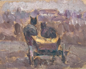 May include: An impressionistic oil painting on canvas depicting a figure and two animals in a cart. The artwork uses a muted palette of browns, purples, and yellows, with visible brushstrokes creating a textured effect. The style suggests a rural or pastoral theme.