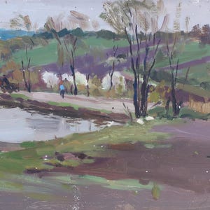 Pintura de Outono Paisagem rural Impressionismo Pintura a óleo antiga Arte soviética original Artista ucraniano Sokolovsky G.G. 34-50 1982