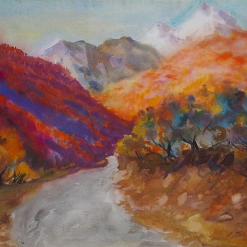 Mountain landscape Antique oil painting original Soviet art Ukrainian artist Balykov Yu. sales 46.5-63 1983
