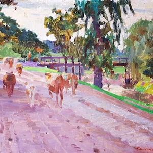 Paisagem Rural Antiga da pintura a óleo original realismo Socialista Soviético arte ucraniana artista Klimionov V. 34-44.5 1963