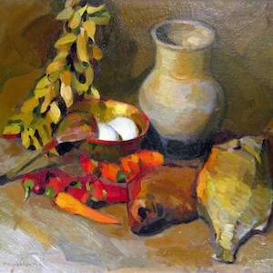 Ainda de vida com alimentos Antiga da pintura a óleo originais de arte Soviética ucraniana artista Moskvitin M. A. 49-52