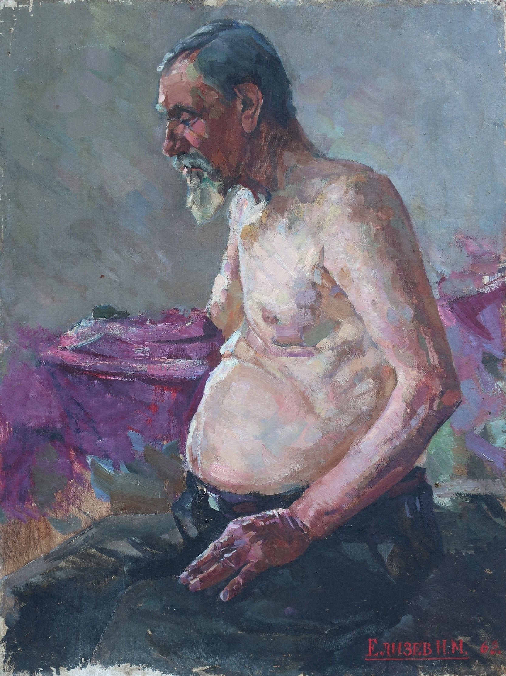 Portrait Soviet man worker Antique oil painting original Socialist realism Soviet art Ukrainian artist Elizev N.M. 79.5-60 1962
