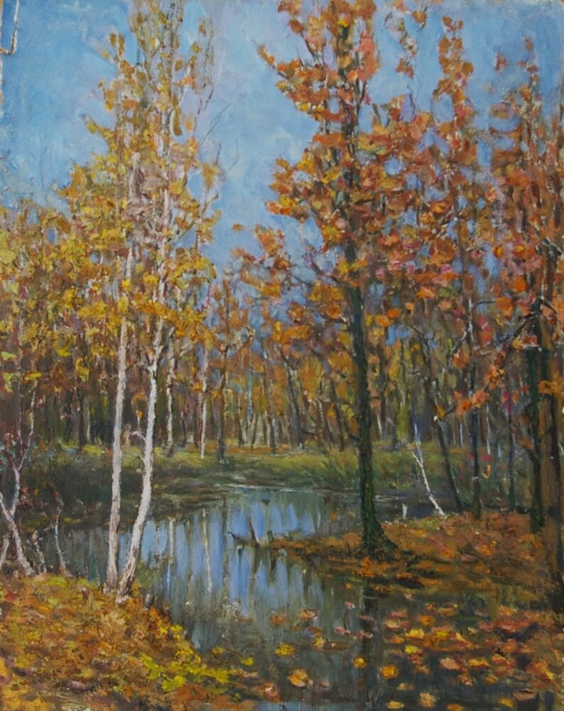 Impressionism Forest landscape woodland scenery Antique oil painting original Soviet art Ukrainian artist Vorobyov I 29.5-23 1970s