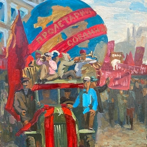 Trabalhadores soviéticos demonstração de férias Antiga da pintura a óleo original realismo Socialista Soviético arte ucraniana artista