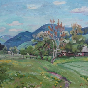 Paisagem montanhosa Pintura a óleo antiga arte soviética original Artista ucraniano Kozik V.G. 43-50 1980