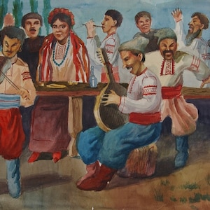 May include: A watercolor painting depicting a group of people in traditional Ukrainian clothing playing music. The scene is set in a rustic setting with a wooden table and a few chairs. The musicians are playing a violin, a guitar, and a tambourine. The painting is full of vibrant colors and captures the joy of music and celebration.