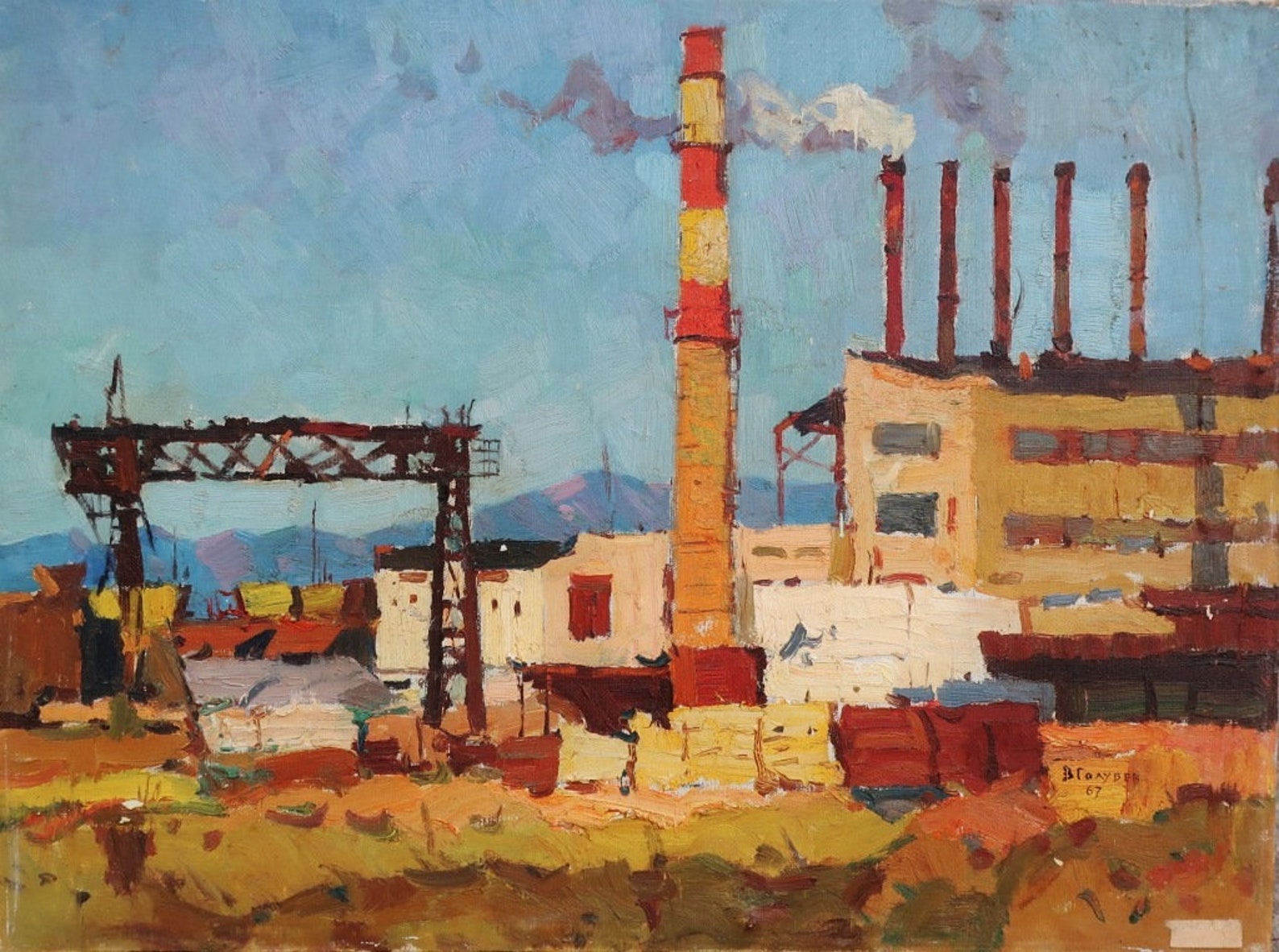 Industrial Landscape Building Factories Antique Oil Painting Etsy