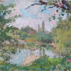 Pintura de paisagem Impressionismo Paisagem de primavera Pintura a óleo antiga Arte soviética original Artista ucraniano Sokolovsky G.G.