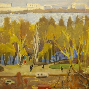 Outono de pintura da Cidade de paisagem Urbana Antiga da pintura a óleo originais de arte Soviética ucraniana artista Vladislavleva V. A.