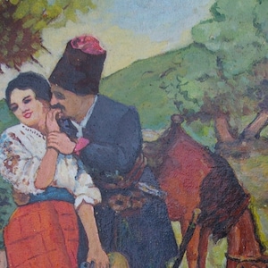 Retrato bela jovem Cossaco amor Antigo, de pintura a óleo originais de arte Soviética ucraniana artista Desconhecido 55-40