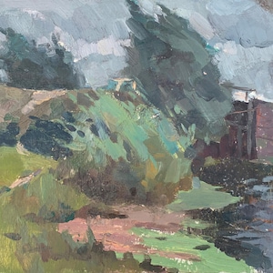 Pintura antigua de paisaje rural original de arte soviético del artista ucraniano Sokolovsky G. 23-26 años 1970