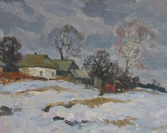 Vintage vinterlandskapsmålning, ukrainsk impressionism, 1981