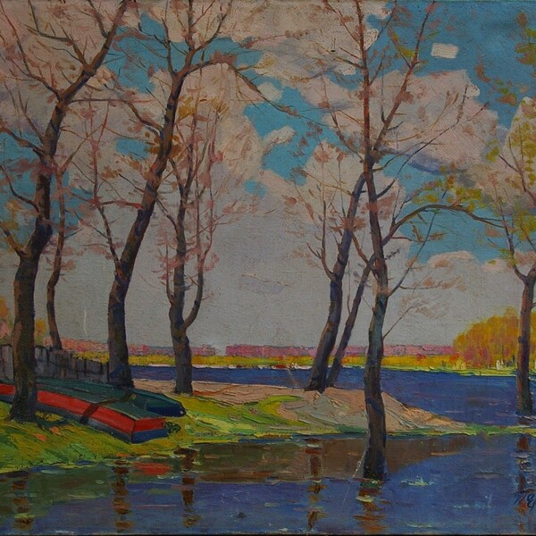 Landscape painting Impressionism Spring landscape Antique oil painting original Soviet art Ukrainian artist Eremenko P. 80-100 1968