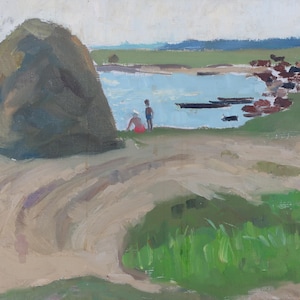 Paisagem rural Impressionismo Pintura a óleo antiga Arte soviética original Artista ucraniano Sokolovsky G. 35-50 1970