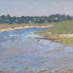 Pintura de paisagem de rio impressionista Pintura a óleo antiga Arte soviética original Artista ucraniano Sokolovsky G. 39-49 1970
