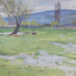 Pintura de primavera Paisagem rural Impressionismo Pintura a óleo antiga Arte soviética original Artista ucraniano Sokolovsky G. 34-49 1970