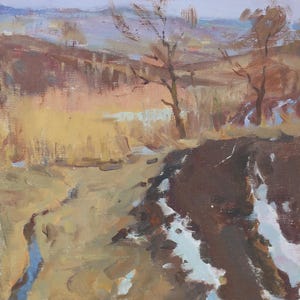 Pintura de paisagem Impressionismo Paisagem de Outono Pintura a óleo antiga Arte soviética original Artista ucraniano Sokolovsky G.G. 50-35