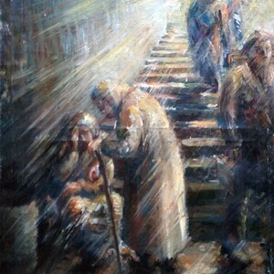 May include: A painting depicting two figures, one elderly woman helping another woman walk down a set of stairs. The figures are painted in a realistic style with soft brushstrokes and muted colours. The background is a blurry, light-coloured scene.