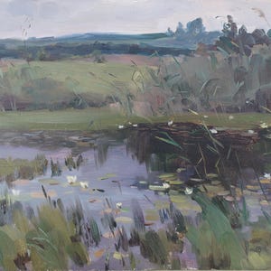 Impresionismo Río pintura paisaje Pintura al óleo antigua original Arte soviético Artista ucraniano Sokolovsky G. 35-50 1970