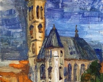 Antique Castle Oil Painting, Original Ukrainian Art by Kosova