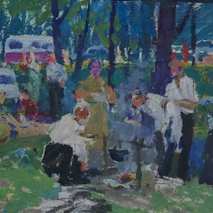 Soviética resto no woodspicnic Antiga da pintura a óleo original realismo Socialista Soviético arte ucraniana artista Smirnov V. S. 30-36