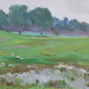 Pintura de paisagem de rio impressionista Pintura a óleo antiga Arte soviética original Artista ucraniano Sokolovsky G. 35-50 1970