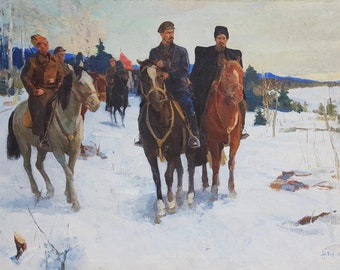 Army great October Revolutionon horses Antique oil painting original Socialist realism Soviet art Ukrainian artist Naumova T.S. 120-160 1967