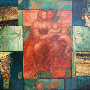 May include: A painting of a woman and child in a red, green and blue mosaic frame. The woman is holding the child in her arms. The painting is done in a stylised, abstract style.