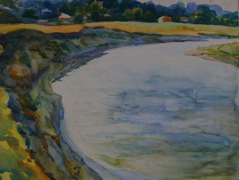 Landscape painting Impressionism River painting landscape Antique oil painting original Soviet art Ukrainian artist 36-48