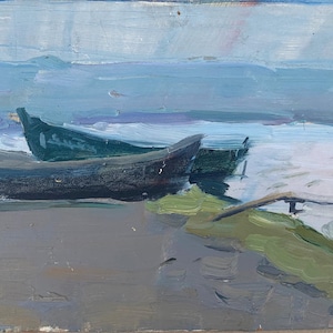 Cuadro de verano Río Paisaje rural Pintura al óleo antigua original Arte soviético Artista ucraniano Sokolovsky G. 20-34,5 Años 70