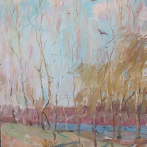 Pintura de paisagem do rio Impressionismo Pintura a óleo antiga Arte soviética original Artista ucraniano Sokolovsky G. 40-29 anos 70