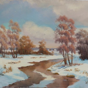 Pintura de paisagem Impressionismo Paisagem de inverno Pintura a óleo antiga Arte soviética original Artista no Korobov G.S. 49.5-59.5 2002