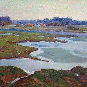 Paisagem da primavera Pintura a óleo antiga Arte soviética original Artista ucraniano Miroshnichenko I. 50-62 1970