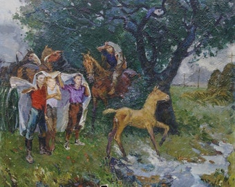 Pferd Malerei sowjetischen Kinder Antikes öl Gemälde original Sozialistischen Realismus sowjetischer Kunst-Ukrainische Künstler Yalansky AV