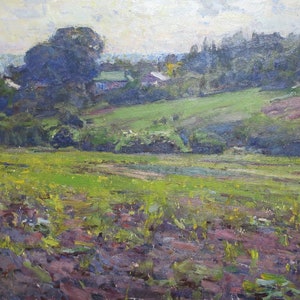 Paisagem rural Impressionismo Pintura a óleo antiga Arte soviética original Artista ucraniano Ryasnyanskiy M.A. 50-78 1983