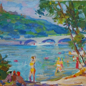 Soviética família Soviética durante a semana de férias de Antiguidades, pintura a óleo original realismo Socialista Soviético arte ucraniana