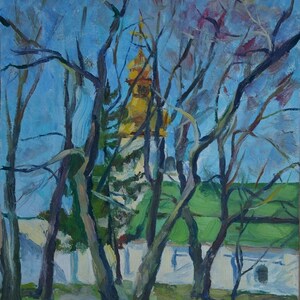 Imagem de templeslandscape Igreja Ortodoxa Antiga da pintura a óleo originais de arte Soviética ucraniana artista Smirnov V. S. 40-30 de