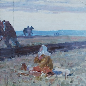 fazenda coletiva Soviética trabalhador Antiga da pintura a óleo original realismo Socialista Soviético arte ucraniana artista Maksimenko A.