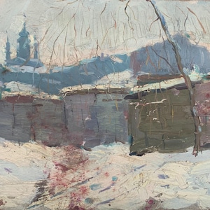 Pintura de Inverno Paisagem rural Impressionismo Pintura a óleo antiga Arte soviética original Artista ucraniano Sokolovsky G. 23-29 Anos 70