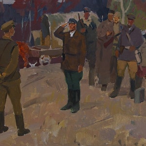 Batalha de pintura Grande Guerra Patriótica de Antiguidades, pintura a óleo original realismo Socialista Soviético arte ucraniana artista