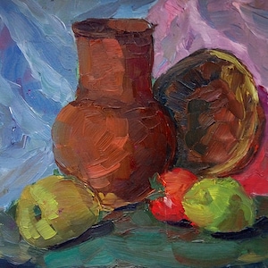 Ainda de vida com alimentos Antiga da pintura a óleo originais de arte Soviética ucraniana artista Panchenko J. 25-22