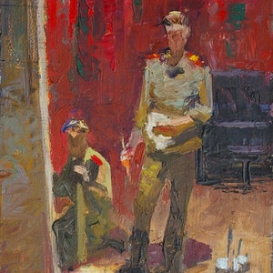 Retrato de soldado das forças armadas Antiga da pintura a óleo original realismo Socialista Soviético arte ucraniana artista Smirnov V. V.