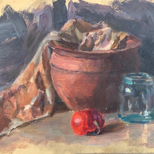 Natureza morta com comida Pintura a óleo antiga, arte soviética original, artista ucraniano Sokolovsky G. 24-34, década de 1960
