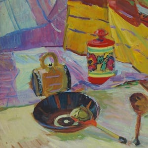 A vida continua com mesa Antiga da pintura a óleo originais de arte Soviética ucraniana artista Usikova E. 68-47 de 1970