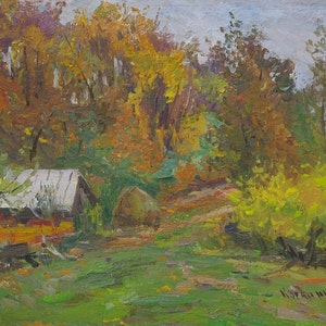 Outono de pintura paisagem Rural Impressionismo Antiga da pintura a óleo originais de arte Soviética ucraniana artista Kogan-Shatz 40-50