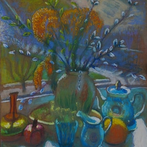 Ainda-vida com flores e comida Antiga da pintura a óleo originais de arte Soviética ucraniana artista Maksimenko N. A. 83-70 00